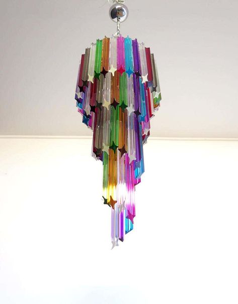 For Sale on 1stDibs - Fantastic vintage Murano chandelier made by 86 Murano crystal multicolored prism in a nickel metal frame. The shape of this chandelier is spiral. Period: Murano Chandelier, Italian Chandelier, Spiral Shape, Nickel Metal, Murano Glass Chandelier, Crystal Prisms, Vintage Interior, Chandelier Lamp, Metal Structure