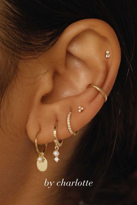 By Charlotte earring stack with 14k gold and diamonds Piercing Stacks, 2nd Ear Piercing, Ear Stacks, Minimalist Ear Piercings, Unique Ear Piercings, Ear Peircings, Ear Piercings Chart, Double Ear Piercings, Moon Energy