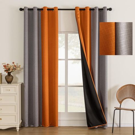 PRICES MAY VARY. 💗100% BLACKOUT: Finely crafted from high quality polyester fabric. These amazing solid curtain panels are sewn with black lining and absolutely block 100% sunlight, prevent 100% UV rays, reduce noise and give you 100% privacy. The best part is that they give you a real darkness for a good night sleep during the day! 💛 SIZE AND PACKAGING: Set includes 2 pieces of 52x96 inch blackout curtains. Each curtain has 8 grommets with an inner diameter of 1.6 inches (4 cm) and an outer d Fall Window Curtains Ideas, Fall Curtains Ideas, Gray And Burnt Orange Living Room, Grey And Orange Living Room Ideas, Burnt Orange And Grey Living Room, Orange Grey Bedroom, Orange And Gold Living Room Decor, Grey And Burnt Orange Living Room, Orange Apartment Decor