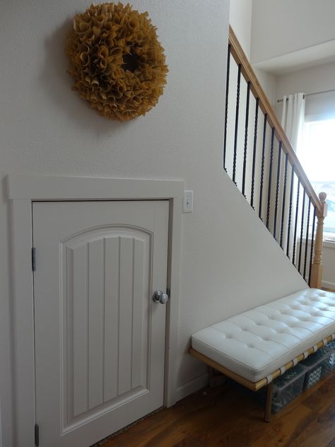 half door | half-door leads to extra storage room underneath the stairs + Mudroom Dog Room, Door Under Stairs, Under Stairs Ideas, Dutch Door Interior, Crawl Space Door, Under Stairs Dog House, Room Under Stairs, Basement Doors, Basement Lighting