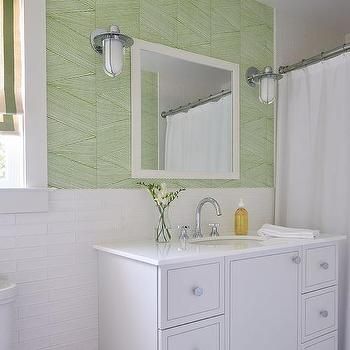 White Bathroom with Green Accents and Marble Herringbone Floor - Transitional - Bathroom Epoxy Basement Floor, White Vanity Mirror, Preppy House, Floor Makeover, Basement Floor, Grey Bathroom Vanity, Sandberg Wallpaper, Dining Room Wallpaper, Bath Mirror