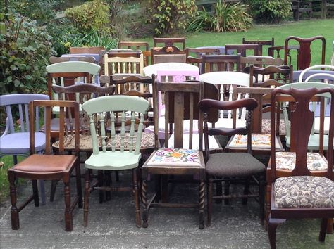 Some of our beautiful mismatched chairs all washed and lined up ready to be loaded up for our next lovely wedding.... Birdcagesanddragonflieshire@gmail.com Mismatched Coffee Tables, Mismatched Dining Set, Mismatched Dining Chairs Wedding, Mismatched Chairs Dining Table, Mismatched Chairs Wedding, Mismatched Aesthetic, Fantasy Cafe, Burnt Forest, Scotland Cottage