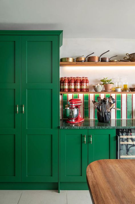 Shaker Kitchen Collection Racing Green Kitchen, Shaker Kitchens, Wooden Island, Bold Kitchen, Shaker Style Kitchens, Painted Kitchen, British Racing Green, Wardrobe Furniture, Shaker Kitchen