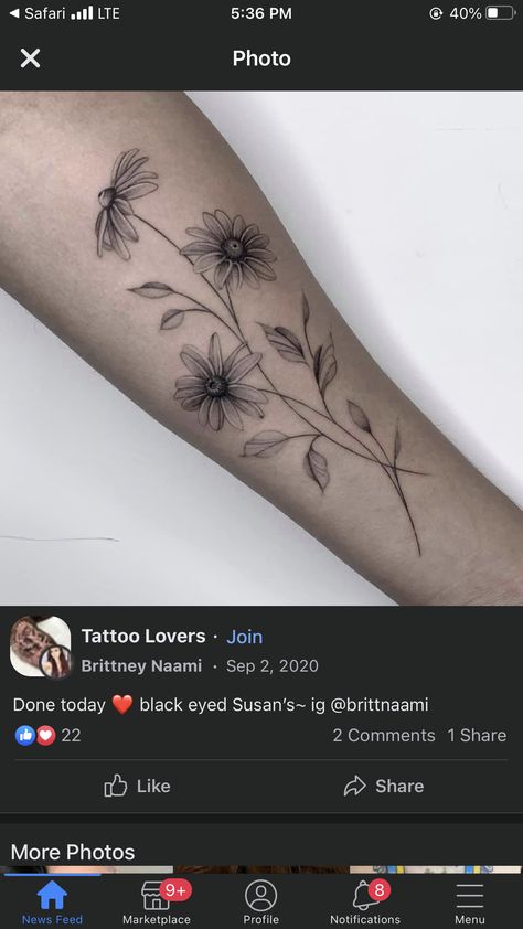 Black Eyed Susan Tattoos, Blackeyed Susans Tattoo, Brown Eyed Susan Tattoo, Black Eyed Susan Tattoo, Gram Cracker, Daisy Tattoo Designs, Feminine Tattoo Sleeves, Tattoos For Women Flowers, Daisy Tattoo