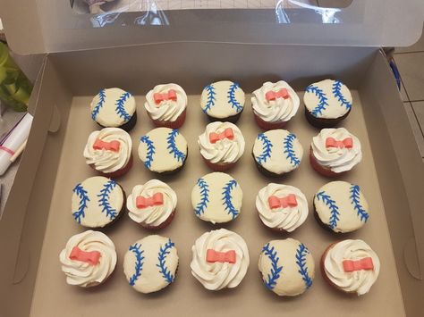 Baseballs and bows gender reveal cupcakes by The Cake Imaginator Baseballs Or Bows Gender Reveal Cake, Balls Or Bows Gender Reveal, Baseball And Bows Gender Reveal Ideas, Baseballs Or Bows Gender Reveal, Baseballs Or Bows, Gender Reveal Food, Baseball Gender Reveal, Bows Gender Reveal, Bow Cupcakes