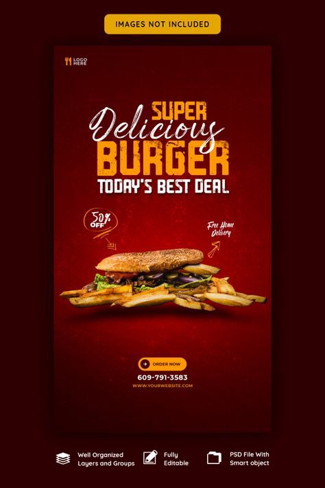 Delicious burger and food menu instagram... | Premium Psd #Freepik #psd #banner Food Menu Design Layout, Restaurant Instagram Story, Medias Red, Menu Design Layout, Healthy Restaurant Food, Mcdonalds Gift Card, Bio Food, Media Branding Design, Design Layout Ideas