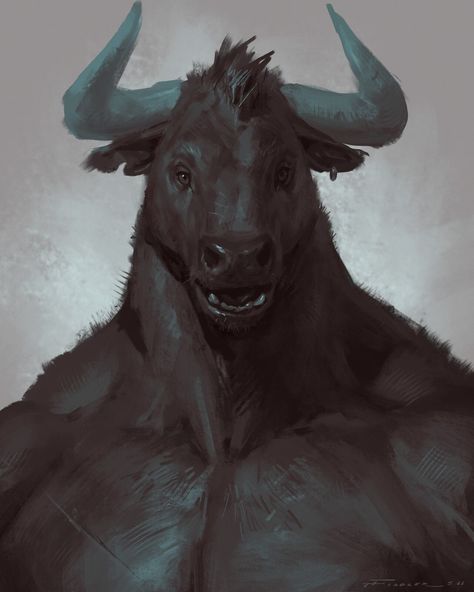 Minotaur Concept Art, Minotaur Character Art, Black Minotaur, Taran Fiddler, Bull Art, Heroic Fantasy, Artist Sketches, A Bull, Black Bull