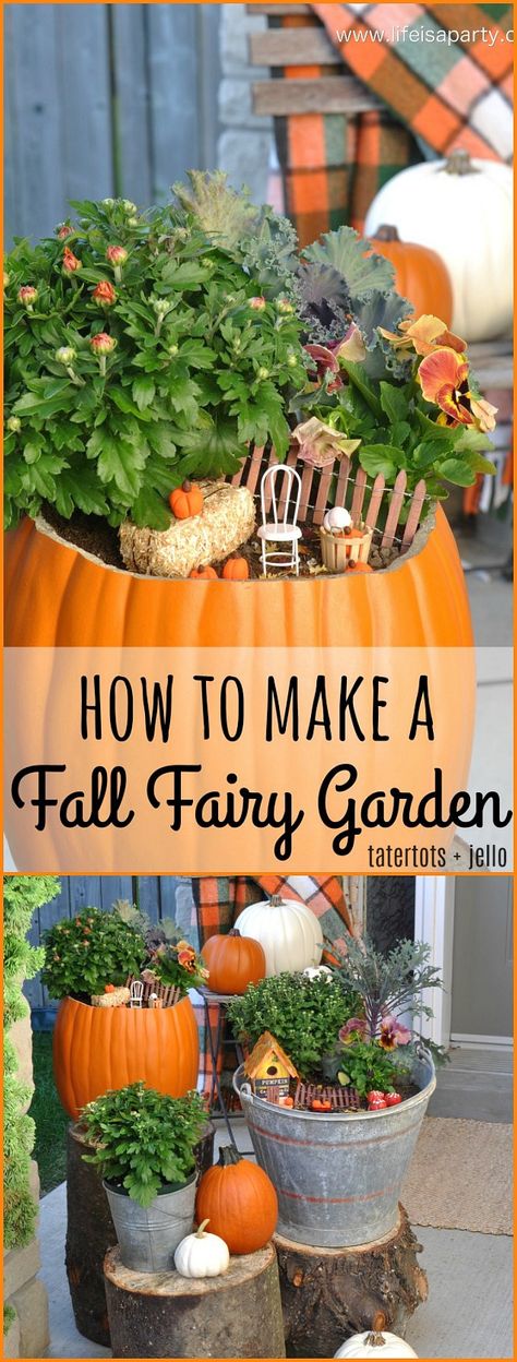 Fairy Garden Easy, Fall Fairy Garden, Winter Fairy Garden, Pumpkin Fairy House, Halloween Fairy Garden, Fall Fairy, Halloween Fairy, Fairy Garden Crafts, Fairy Garden Designs