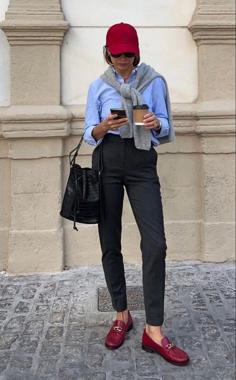 15 Cute European Spring Outfits for 2024 Red Loafers Women, Outfits For Early Spring, Red Outfit Inspiration, Blue And Red Outfit, European Spring Outfits, Loafers Outfit Women, European Spring, Loafer Outfits, Paris Outfit Ideas