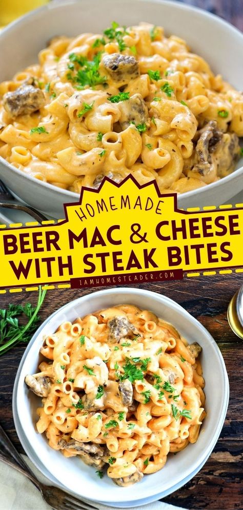 Beer Mac And Cheese With Steak Bites, Steak Mac And Cheese, Beer Mac And Cheese, Cooking Hobby, Beer Cheese Sauce, Macaroni Noodles, Best Mac N Cheese Recipe, Cold Weather Comfort Food, Cold Weather Food