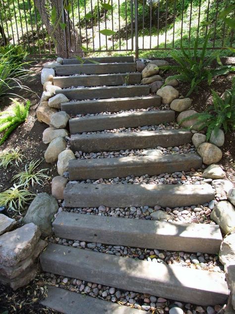 Wood Steps and Gravel Landscape and Garden Projects Project Difficulty: Simple Landscaping and Gardening Projects www.MaritimeVintage.com   #Garden #Gardening #Landscape #Landscaping Sloped Backyard Landscaping, Simple Landscaping, Landscape Stairs, Gravel Landscaping, Sloped Backyard, Gardening Projects, Stone Steps, Garden Stairs, Wood Steps