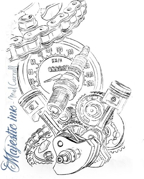 Motorcycle Theme Tattoo, Harley Tattoo Design, Engine Tattoo Mechanical, Speedometer Tattoo, Mechanic Tattoo Design, Mechanical Sleeve Tattoo, Harley Tattoo, Tattoo Costillas, Piston Tattoo