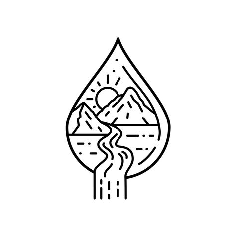 Drop water, waterfall and mountains landscape for tattoo, stamp or sticker design Drop Tattoo, Waterfall Tattoo Minimalist, Waterfall Doodle, Woods Tattoo, Water Logo Design, Waterfall Simple Drawing, Positivity Drawings, Waterfall Line Drawing, Embroidery Designs Landscape