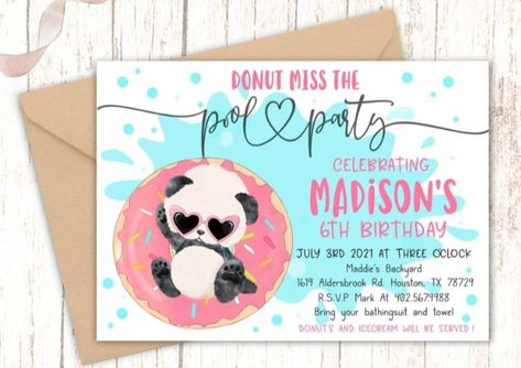 Panda Donut, Birthday Pool Party, Panda Birthday Party, Pool Party Birthday Invitations, Swimming Party, Panda Birthday, Girls Party Favors, Sprinkle Invitations