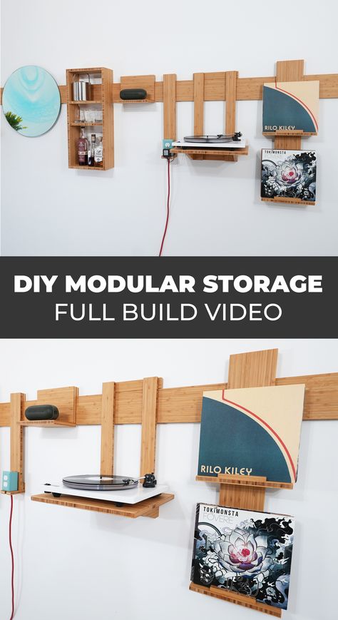 Ben Uyeda of HomeMade Modern made these modular storage units out of bamboo plywood using basic power tools.  A full build video of this plywood woodworking project using a French cleat system is available. Modular Shelving System Diy, French Cleat Bookshelf, Diy Plywood Art, Diy French Cleat, Garage Setup, Cleat Storage, French Cleat Storage, Cleat Wall, Wooden Pegboard