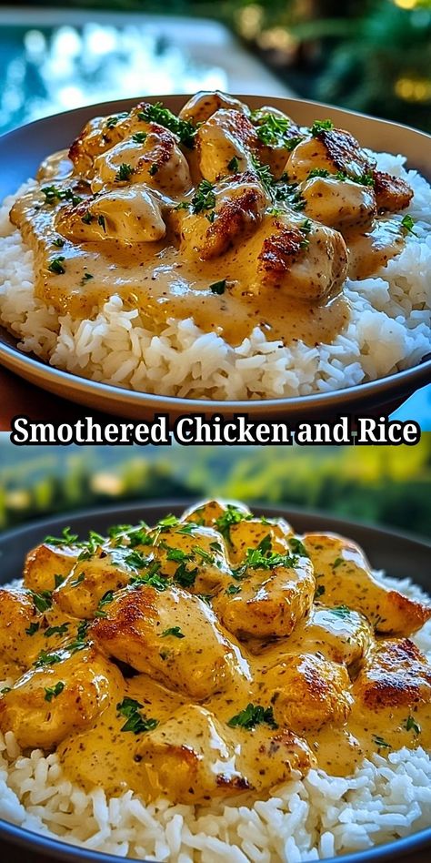 Looking for a delicious dinner idea for two? Try this smothered chicken and rice recipe! Tender chicken breasts smothered in a savory gravy served over fluffy rice, this dish is perfect for a cozy night in. With simple ingredients and easy steps, this recipe is a great option for a quick and satisfying meal. Whether you're looking for a dinner recipe for two or just a comforting meal idea, this smothered chicken and rice is sure to hit the spot. #chickenrecipe #dinneridea #easyrecipe #comfortfood #homemademeal Dishes With Cooked Chicken, Easy Dinners On The Go, Meals Using Chicken Tenders, Quick Meals For 2 Dinner Ideas, Dutch Oven Chicken And Biscuits, Dinner Recipes With Gravy, Anniversary Recipes Dinner, Dinner Ideas For Snow Days, Two Chicken Breast Recipes