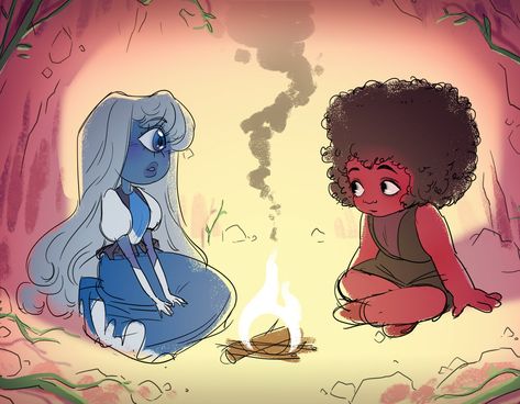 "SU print of the Ruby and Sapphire in the cave after first meeting. Prints are shipped in 2\" diameter shipping tubes. Some curling upon delivery should be expected. To straighten out again, lay flat under a medium to heavy weight (example: a few books) until print retains flat shape." Cartoon Nostalgia, Steven Uni, Steven Universe Movie, Steven Universe Drawing, Ruby And Sapphire, Steven Universe Characters, Naruto Oc Characters, Steven Universe Comic, Steven Universe Gem