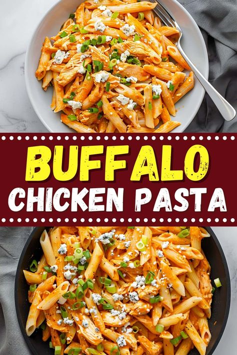 This creamy buffalo chicken pasta offers the perfect kick! With cream cheese, buffalo sauce, and ranch or blue cheese dressing, it can't be topped! Best Party Dips, Buffalo Pasta, Easy Buffalo Chicken, Buffalo Chicken Pasta, Easy Pasta Dinner, Chicken Pasta Bake, Party Dips, Pasta Dinners, Chicken Pasta Recipes