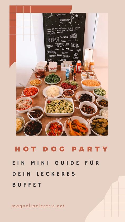 Hot Dog Party – Inspiration – magnoliaelectric Hot Dog Party Food, Hot Dog Bar Party, Hot Dog Buffet, Hot Dog Party, Gourmet Hot Dogs, Hot Dog Bar, Burger Bar, Dog Birthday Party, Party Buffet