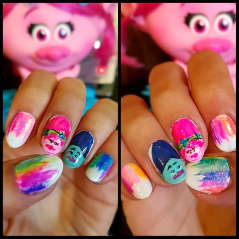 Trolls nail art Kids Nail Art Designs, Kid Nails, Kids Nails, Kids Nail Designs, Girls Nail Designs, Nail Art For Kids, Themed Nails, Natural Nail Art, Nails Opi