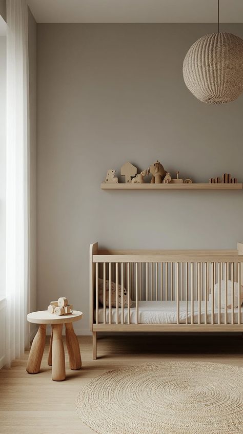 Minimalist Scandinavian nursery with light gray walls, wooden furniture, toys on a shelf, and warm lighting for a cozy Nursery Odd Shaped Room, Neutral Bear Nursery, Light Gray Nursery, Scandinavian Baby Room, Nautical Theme Nursery, Gender Neutral Nursery Design, Nursery Design Neutral, Montessori Infant Room, Nursery Designs