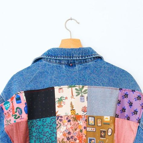 Kimberley Hind | sewing | on Instagram: "Sewing a patchwork panel to the back of a denim jacket 🩵 So fun to sew and another great way to use up scrap fabrics! I chose some of the spookier designs from @cloud9fabrics for this one and used 5” squares 🪡 question is, shall I add patches to the front of the jacket too? #sewingideas #scrapfabric #diysewing" Patchwork Trends, Festival Fits, Spooky Designs, Patch Work, Fabric Scraps, Diy Sewing, The Back, Denim Jacket, Festival