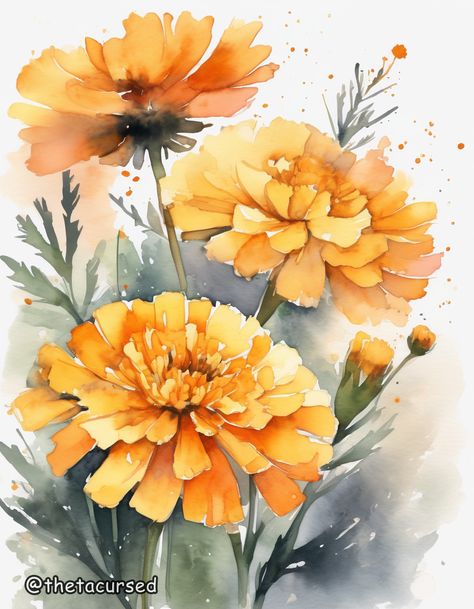 Watercolor Dreams Collection, created by ThetaCursed, License: CC BY-NC 4.0 Watercolours Flowers, Watercolor Marigold, Floral Watercolor Paintings, Watercolour Inspiration, Watercolor Flower Art, Flower Art Images, Watercolor Flowers Paintings, Beautiful Watercolor, Watercolour Tutorials