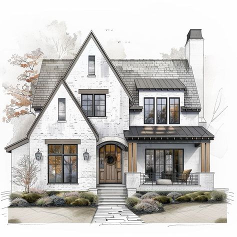 Front House Design Entrance, House Design Entrance, European Farmhouse Exterior, Front House Design, House Design Simple, Traditional Contemporary Home, Design Entrance, White Exterior Houses, Home Illustration