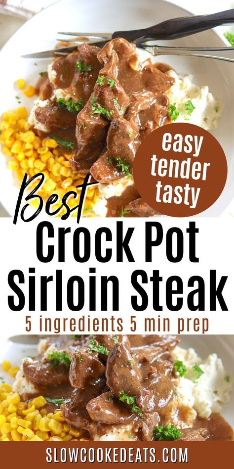 If you're looking for an easy, delicious beef recipe for dinner, you can't go wrong with Crock Pot Sirloin Steak with Gravy. This comfort food favorite is made with just five simple ingredients and is ready in no time. Plus, it cooks low and slow in a crock pot for a perfect, tender and juicy steak! The perfect busy weeknight dinner idea! Beef Tips And Gravy Slow Cooker, Beef Ribeye Steak Recipe Crockpot, Mississippi Steak Crockpot, Sirloin Steaks In Crockpot, Crockpot Petite Sirloin Steak, Sirloin Steak Recipes Crockpot Crock Pot, Steak In The Crockpot Recipes, Crock Pot Sirloin Steak, Beef Sirloin Steak Recipes Crock Pots