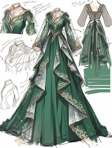 Green Fantasy Dress, Slytherin Dress, Dreamy Gowns, Dress Design Drawing, Clothing Design Sketches, Old Fashion Dresses, Fantasy Dresses, Fashion Drawing Dresses, Dress Design Sketches