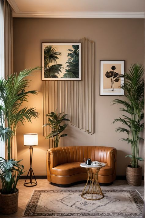 Transform your home with these 10 inspiring Art Deco coffee corner ideas! Discover how to incorporate bold geometric shapes, luxe materials, and bursts of color into your coffee space. From elegant curved leather seating to lush indoor plants, we have everything you need for that retro glam vibe. It's time to create a chic coffee rendezvous that captures the charm of the Art Deco era while still feeling modern. Perfect for an inviting social space or a quiet moment with your favorite brew! Industrial Glam Decor Living Room, Industrial Glam Decor, Glam Decor Living Room, Art Deco Living Room Ideas, Coffee Corner Ideas, Coffee Corners, Modern Art Deco Interior, Inspiration For Art, Art Deco Lounge