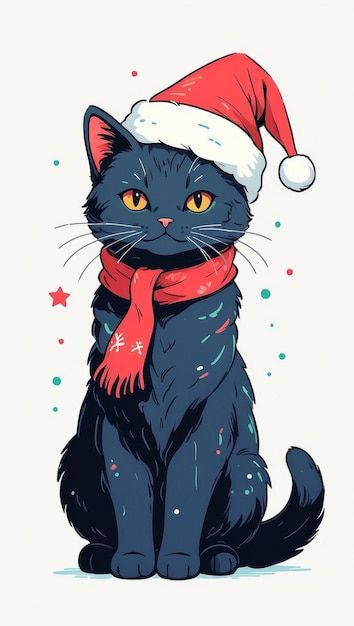 #blackcat #cute #christmas #redcap #christmascap #christmashat #blacky Black Cat Christmas Wallpaper, Cartoon Christmas Wallpaper, Christmas Cats Wallpaper, Cat With Christmas Hat, Christmas Cat Wallpaper, Cartoon Black Cat, Drawn Cards, Hand Drawn Cards, Cat Art Illustration