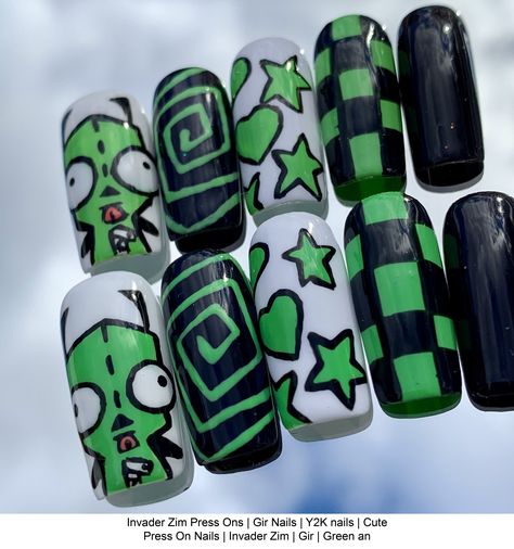 Invader Zim Press Ons | Gir Nails | Y2K nails | Cute Press On Nails | Invader Zim | Gir | Green and Black Nails | egirl nails | Y2K Nirvana Acrylic Nails, 8 By 8 Pixel Art, Invader Zim Acrylic Nails, Nails Design Grunge, Gir Outfit Invader Zim, Y2k Punk Nails, Security Breach Nails, Super Simple Halloween Nails, Alt Gel Nails