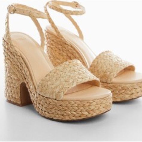 New With Tags! Mango Raffia Braided Heeled Sandals Size 8.5 (Eu 39) The Perfect Summer Shoe! Chunky Heel Sandals Outfit, Mango Sandals, Mango Heels, Heel Sandals Outfit, Mango Shoes, Jeweled Heels, Chunky Heel Sandals, Purple Heels, Summer Shoe