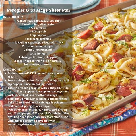 Recipe of the Week! Perogies... - Saskatoon Farmers' Market Perogies And Sausage, Baked Perogies, Cabbage Bake, Sausage Sheet Pan, Braised Cabbage, Kielbasa Sausage, Pan Dinners, Kielbasa, Sheet Pan Dinners