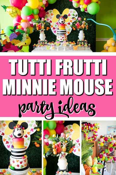 Incredible Tutti Frutti Minnie Mouse Party on Pretty My Party #tuttifruttipartyideas #minniemousepartyideas #tuttifruttiparty #tuttifruttibirthday #tuttifruttitheme Minnie Mouse Birthday Party Ideas Fruit, Tropical Fruit Party, Minnie Mouse Luau, Summer Party Theme, Tutti Frutti Birthday Party, Minnie Mouse Party Favor, Cake Balloon, Tutti Frutti Party, Minnie Mouse Cake Topper