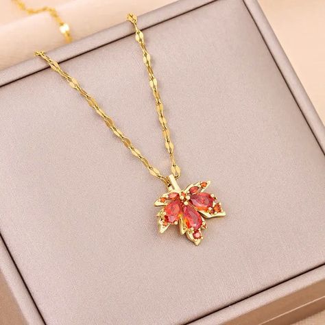 Stainless steel necklace Red Maple Leaf, Card Necklace, Flower Motifs, Red Maple, Crystal Pendant Necklace, Mens Jewelry Necklace, Flower Pendant Necklace, Necklace Minimalist, Neck Chain