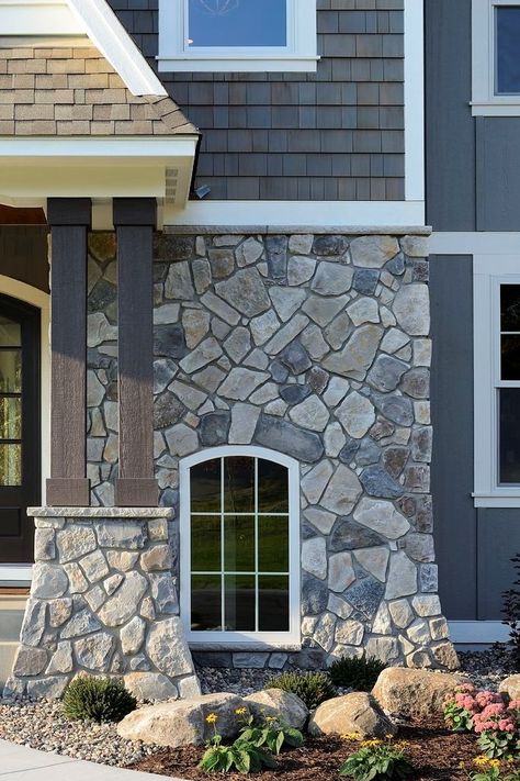 Blue House Stone Accent, Echo Ridge Dressed Fieldstone, House With Rock Accent Exterior, Natural Stone Veneer Exterior, Grey Stone House, Farm Exterior, Rock Siding, Siding House, Stone Veneer Exterior