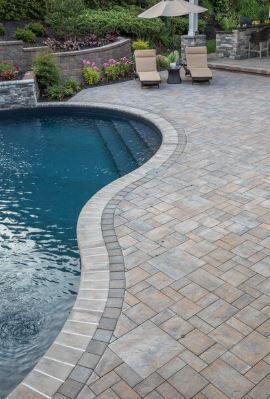 Coping with cement and matching grill / bar Pool Patio Pavers, Deck Pavers, Pools Inground, Pool Landscape Ideas, Pool Makeover, Pool Decking, Inground Pool Landscaping, Cambridge Pavingstones, Pool Pavers