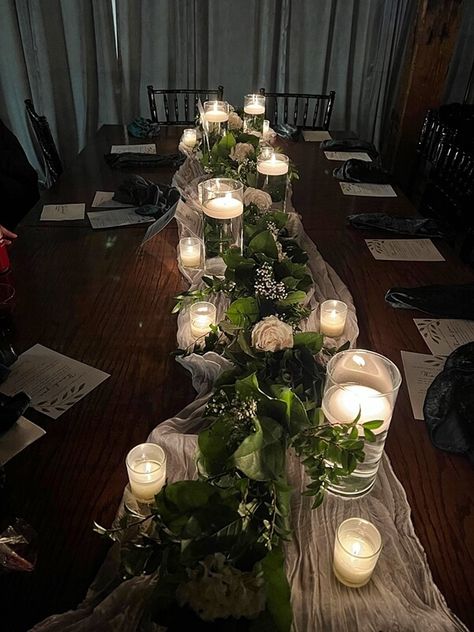 Floating Candle Table Runner, Table Garland With Candles, Floating Votive Candles, Candle Tablescapes, Candle Table Runner, Candles Reception, Retirement Ceremony, Floating Candles Wedding, Wedding Candles Table