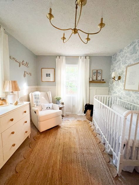 Long Nursery Layout, Grand Melinnial Nursery, Baby Room With Wallpaper, Hamptons Style Nursery, Vintage Chic Nursery, Timeless Nursery Ideas, Country Style Nursery, Coastal Grandma Nursery, Realistic Nursery Ideas