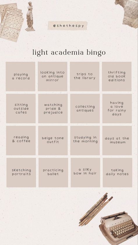 Dark Academia Fall Activities, Dark Academia Bingo, Bookish Activities, Mbti Enneagram, Dark Academia Things, She The Spy, Template Game, Dark Academia Guide, Darkest Academia