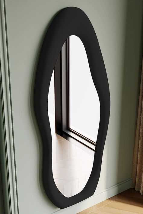 UNIQUE DESIGN: The shape of the full length mirror uses an irregular design. The footprint shape makes the entire mirror looks unique. It is very conspicuous in any space and makes your room look tasteful. Funky Frames, Curvy Mirror, Unusual Mirrors, Leaning Against Wall, Blob Mirrors, Curved Mirror, Long Mirror, Wavy Mirror, Room Green