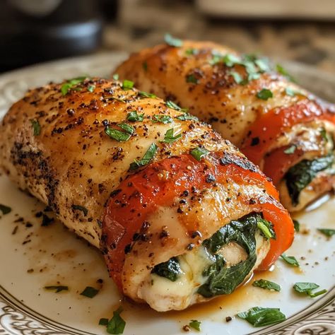 Roasted Red Pepper Mozzarella Spinach Stuffed Chicken, Stuffed Chicken Thighs Recipes, Chicken Roll Ups Stuffed, Chicken Roasted Red Peppers, Mozzarella Stuffed Chicken Breast, Mozzarella Stuffed Chicken, Chicken Rollatini, Spinach Roll Ups, Spinach And Mozzarella