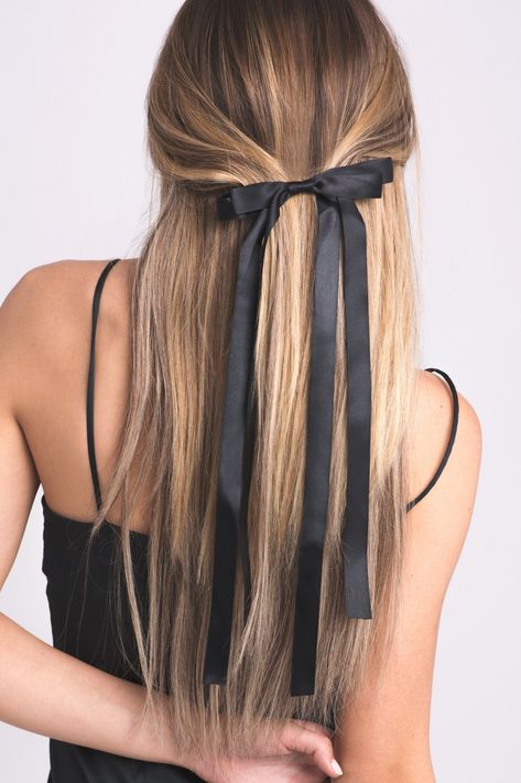 The Satin Bow Barrette is suitable for all hair types and can be worn above a ponytail, with half-up hairstyles, and more. Finished with a french barrette and lined with silk. #hairstyle #hair #haircut Dunner Wordend Haar, Long Bow, Bow Barrette, Simple Prom Hair, Hoco Hairstyles, Bow Hairstyle, A Ponytail, Hairstyles For Medium Length Hair Easy, French Barrette