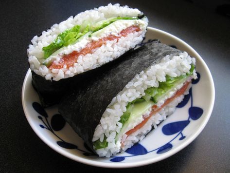 Salmon Onigirazu, Nori Sandwich, Rice Sandwich, Prawn Fried Rice, Prawns Fry, Salmon Cream Cheese, Salmon Rice Bowl, Creamed Cucumbers, Salmon Sashimi