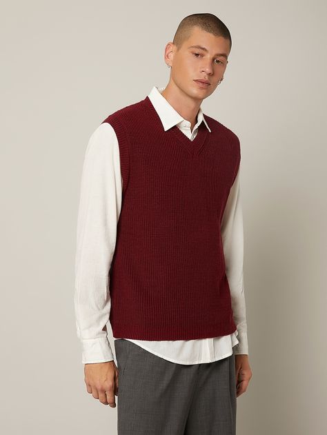 SHEIN BASICS Men V-neck Sweater Vest | SHEIN USA V Neck Vest Outfit Men, Red Sweater Vest Outfit Men, Cardigan Vest Outfit Men, Red Vest Outfit Men, Red Sweater Vest Outfit, Burgundy Outfit Men, Vest Outfits Men Casual, Cardigan Vest Outfit, Red Vest Outfit