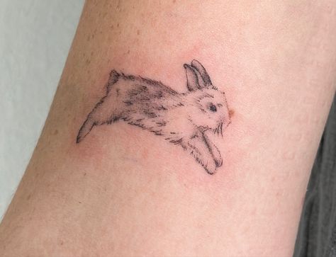 Ikea Tattoo, Bunny Line Tattoo, Bunny Stick And Poke, Jumping Bunny Tattoo, Tattoo Patch Work, Bunny Fine Line Tattoo, Cat Stick And Poke Tattoo, Line Rabbit Tattoo, Bunny Stuffed Animal Tattoo