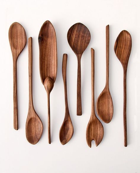 wooden spoons - handcarved from black walnut by LESS & MORE Wood Spoon Carving, Wooden Dishes, Carved Spoons, Wooden Cutlery, Spoon Carving, Wood Utensils, Wooden Kitchen Utensils, Shop Aesthetic, Wooden Utensils