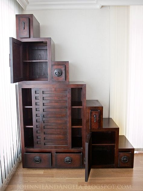 Tansu Step Chest - Tiny House stairs and storage in one : johnnieandangela  --- pp: Love the dark, rich, wooden, old world furniture effect. Mebel Antik, Old World Furniture, Tiny House Stairs, Tiny House Inspiration, Casa Country, Tiny Spaces, House Stairs, House Diy, Tiny House Living